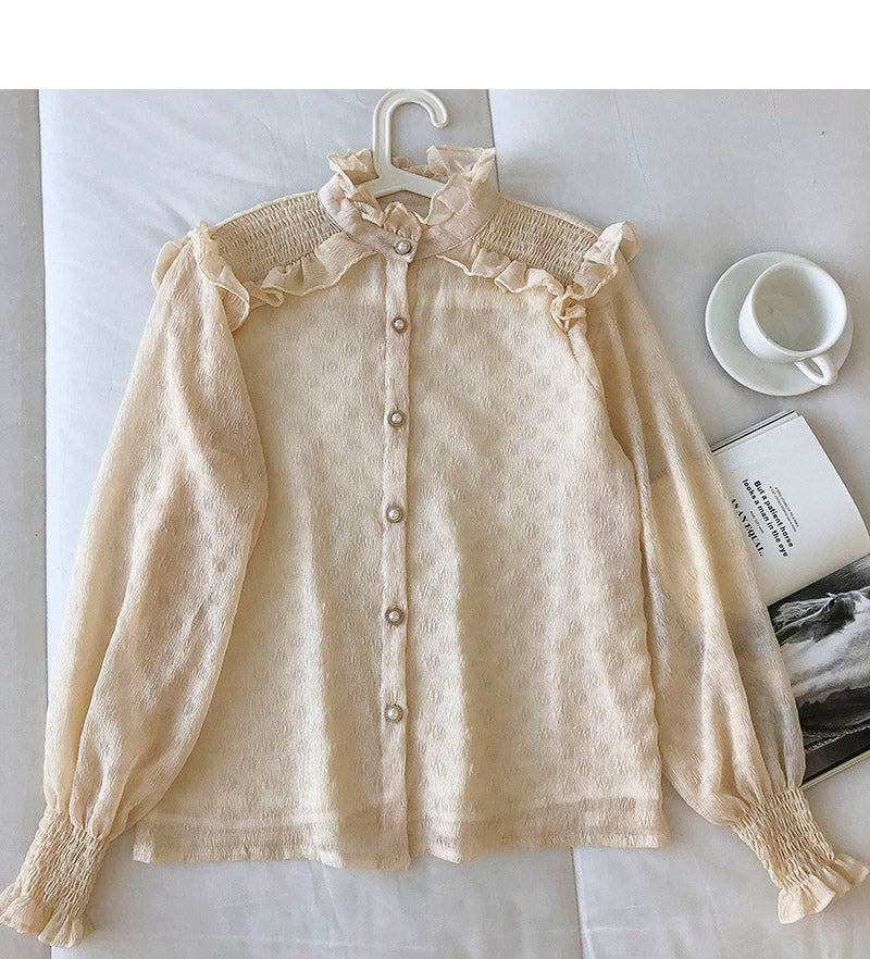 Round neck single breasted chiffon blouse with fungus edge 6258
