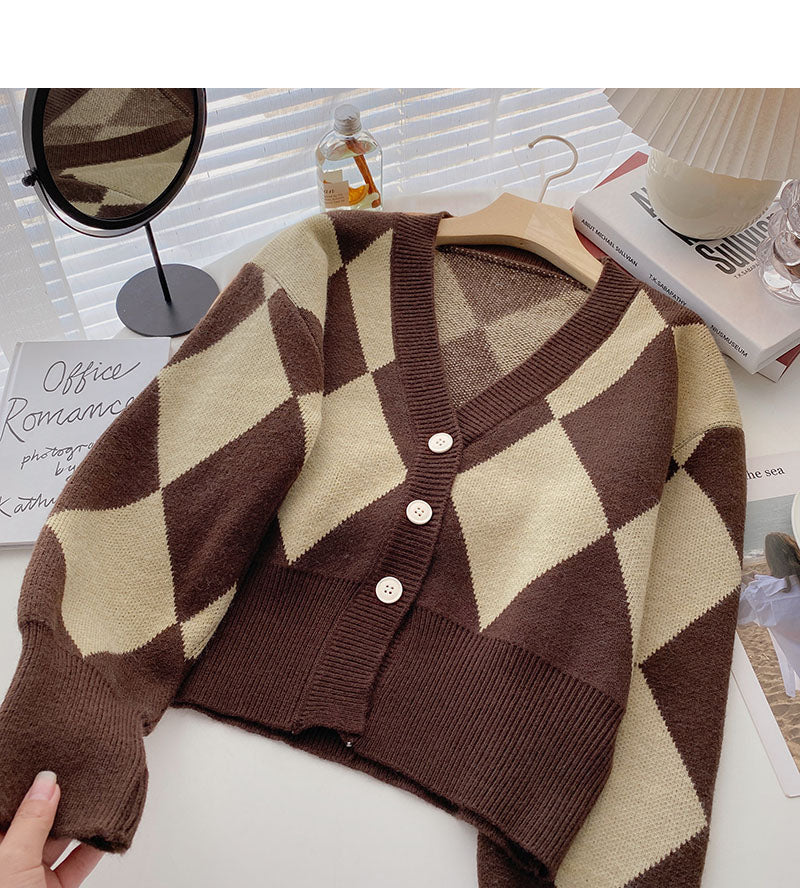 Fashion retro color blocking Plaid long sleeve loose cardigan 6007