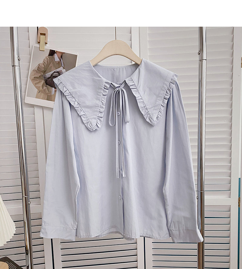 Chemise unie à manches longues avec col bébé et haut en dentelle 6432