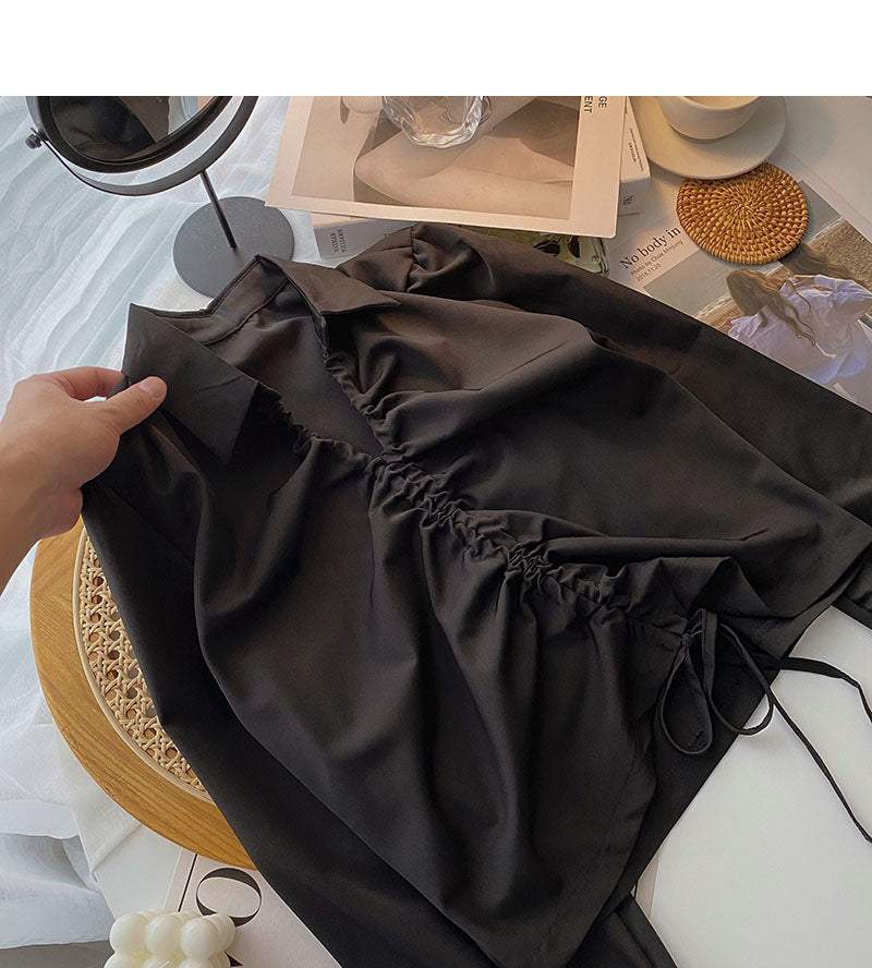 Lapel drawcord pleats slim long sleeve shirt 6283