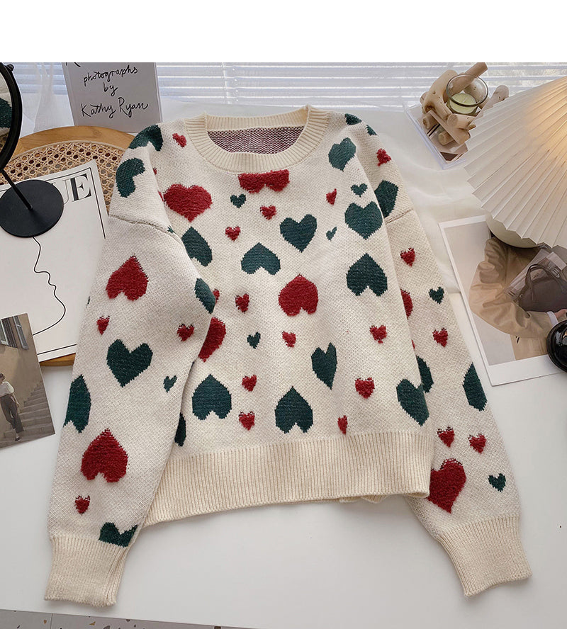 Love jacquard retro design loose long sleeve top 6159