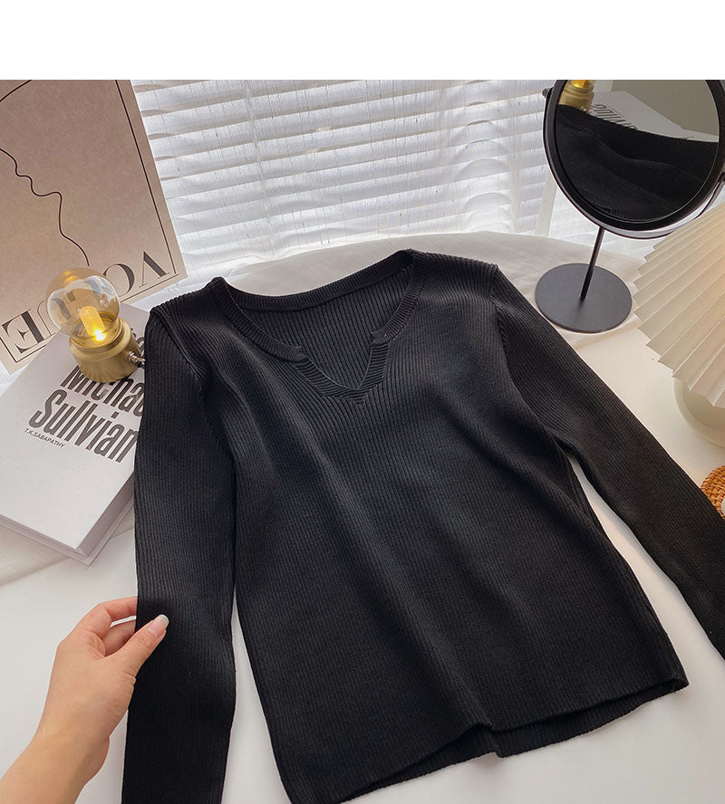 Long sleeved sweater solid V-neck top 6535