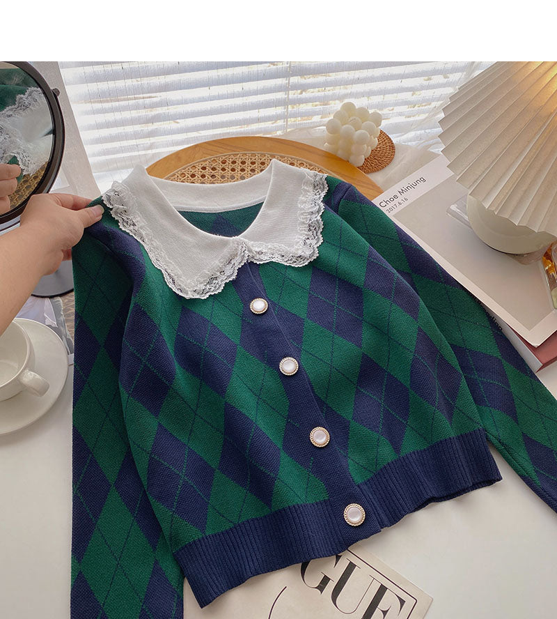 Pull slim à carreaux vintage à col montant en dentelle 6466