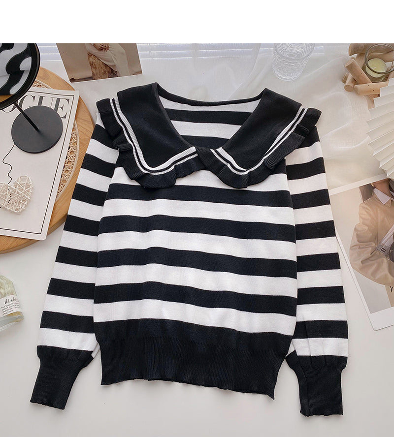Lace doll neck contrast stripe long sleeve versatile top 6616