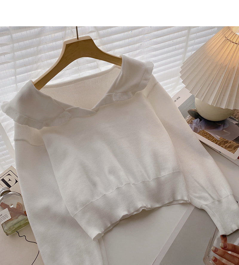 Lace Navy collar age reducing short sweater 6574