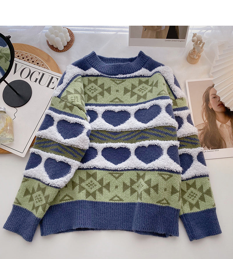 Fleece contrast color love sweater long sleeve Pullover Top 6151