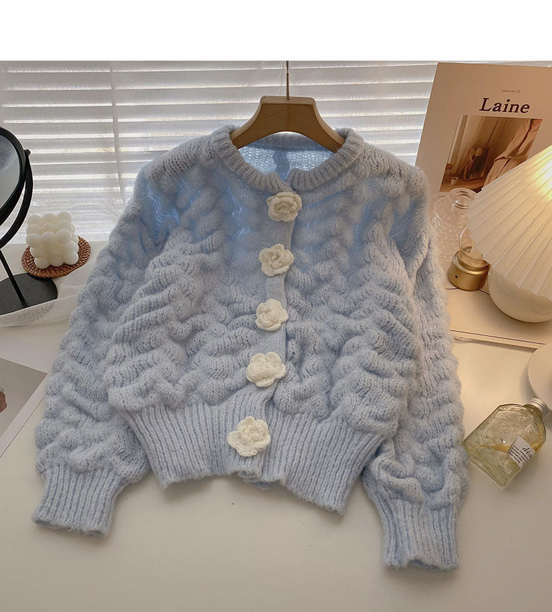 Sweet three-dimensional floret snap design loose long sleeve top 5871