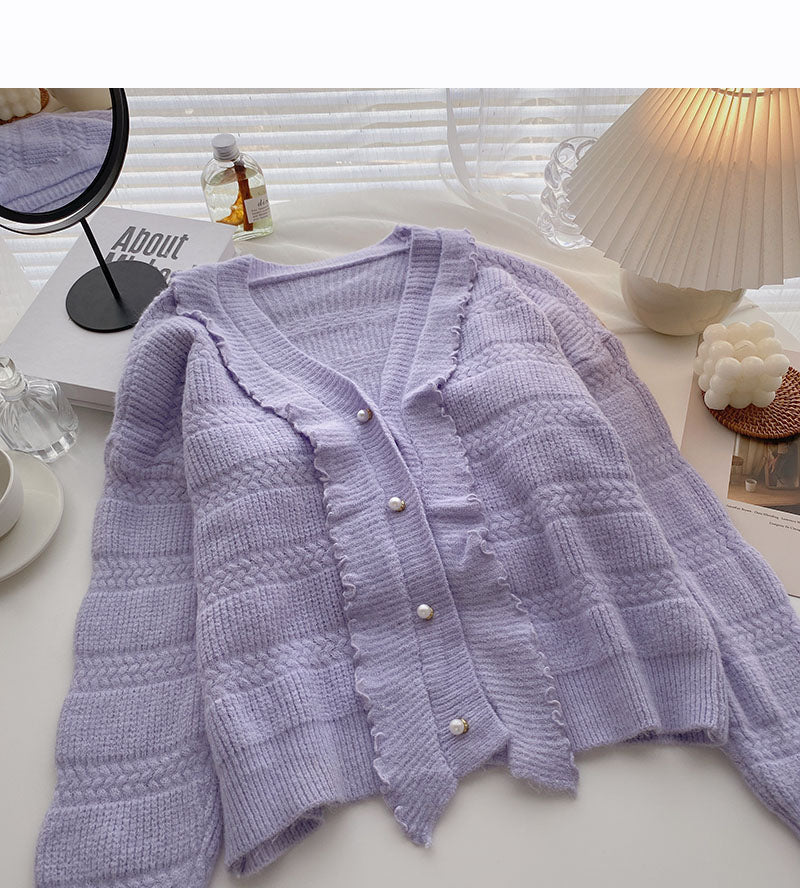 Niche design fashion fungus edge V-Neck long sleeve top fashion 5906