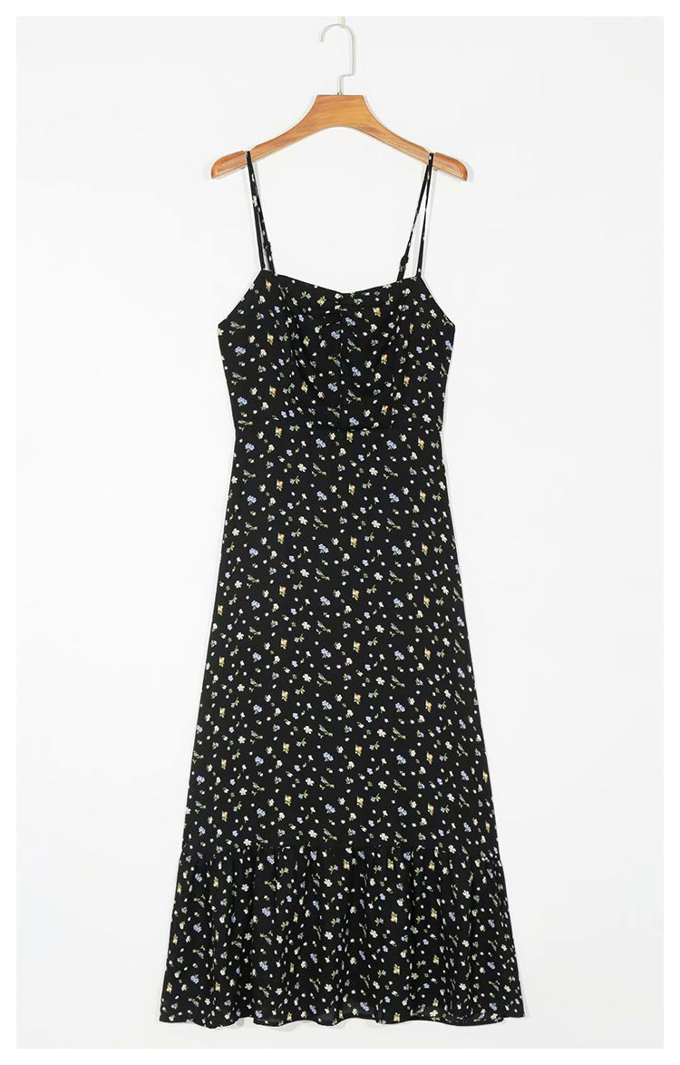 Little Daisy retro floral V-neck slim holiday dress 7033