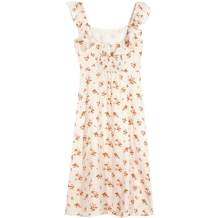 Französische sanfte erste Liebe, elastisches, zerknittertes Kniekleid mit gebrochener Blume für Mädchen 7092