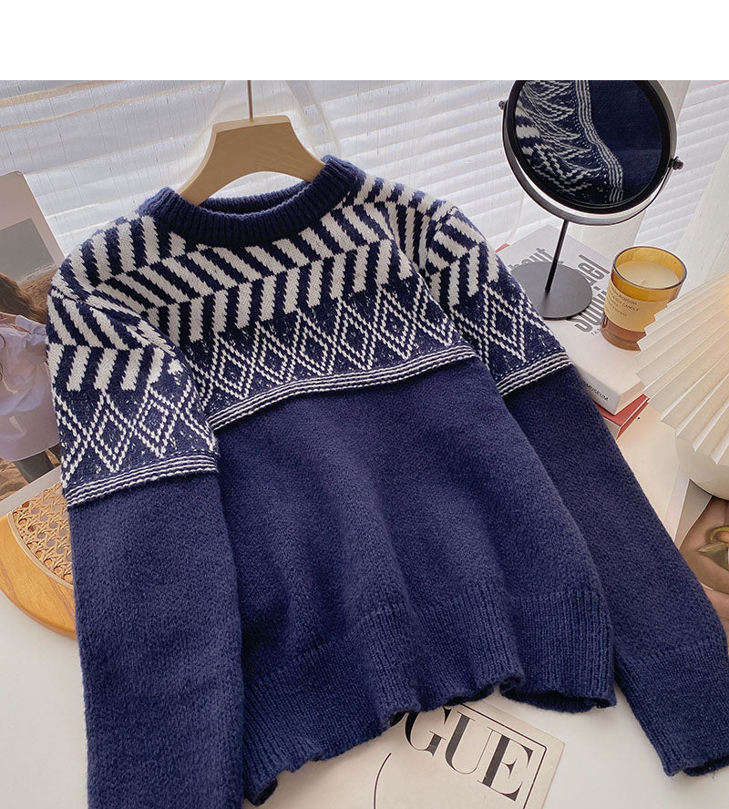 Contrast round neck Pullover loose long sleeve top 6097