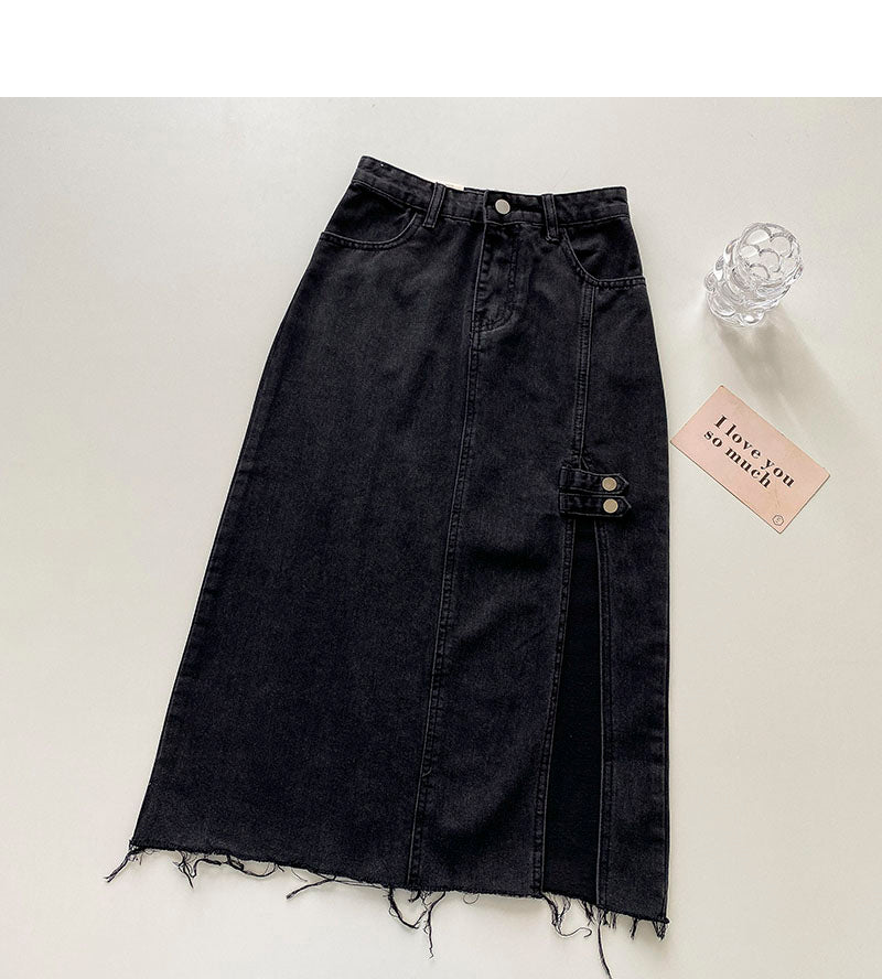 Niche design high waist split denim A-line skirt 5694