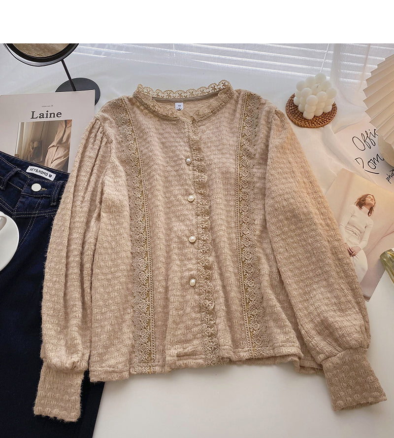 Version coréenne du haut col rond en dentelle de couleur unie de style étranger 6335