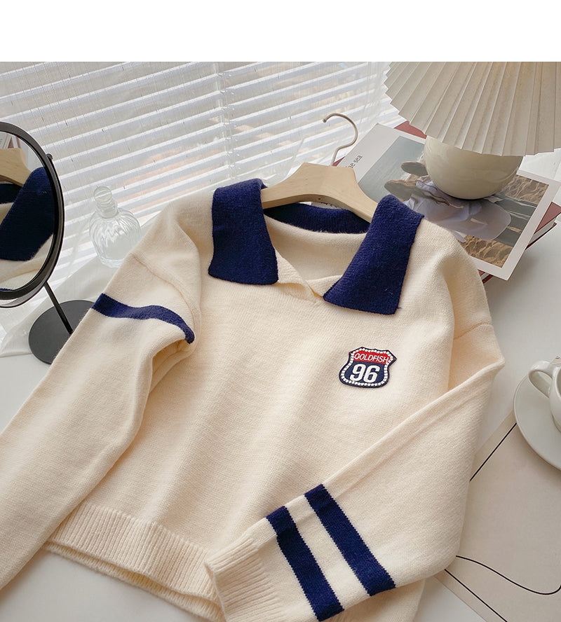 Slim and age reducing color matching Lapel Pullover long sleeve top 5912