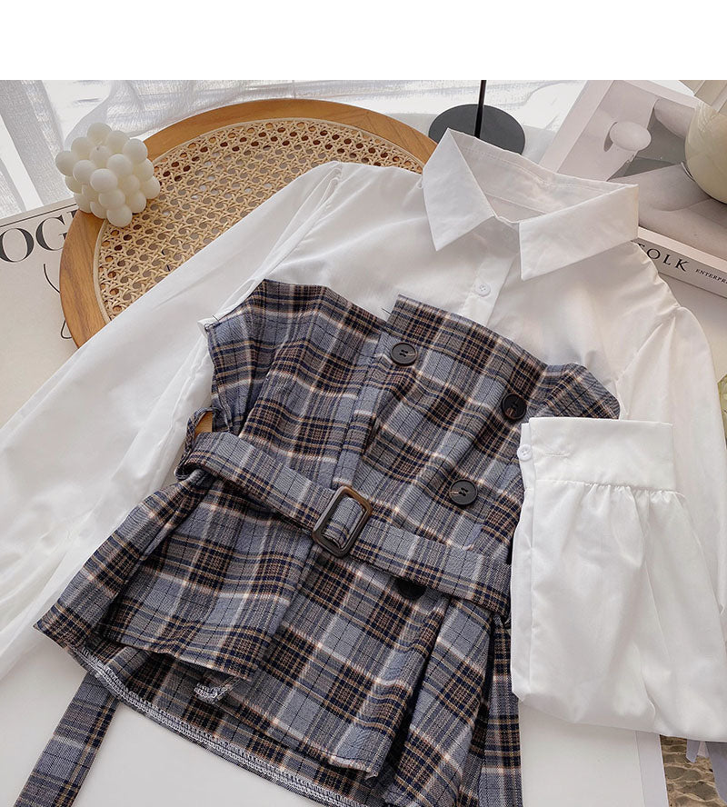 Vintage Plaid waistband lace up stitched long sleeve top 6263