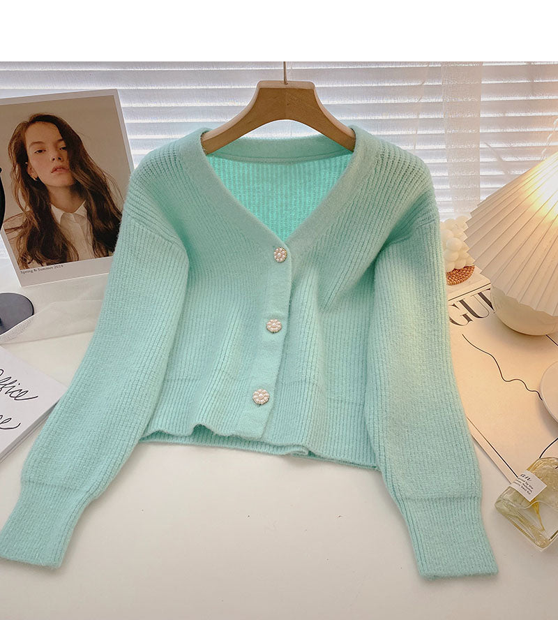 Vintage V-neck slim loose long sleeve knit top 5874