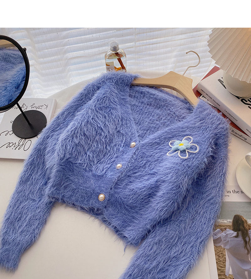 Mohair sweater small flower nail bead top cardigan 6093