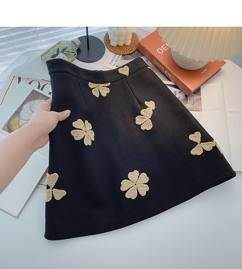 Flocked jacquard retro skirt, slim high waist A-line skirt 5459