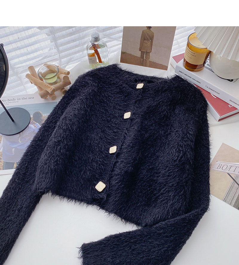 Korean simple casual French retro single breasted long sleeved top 5995