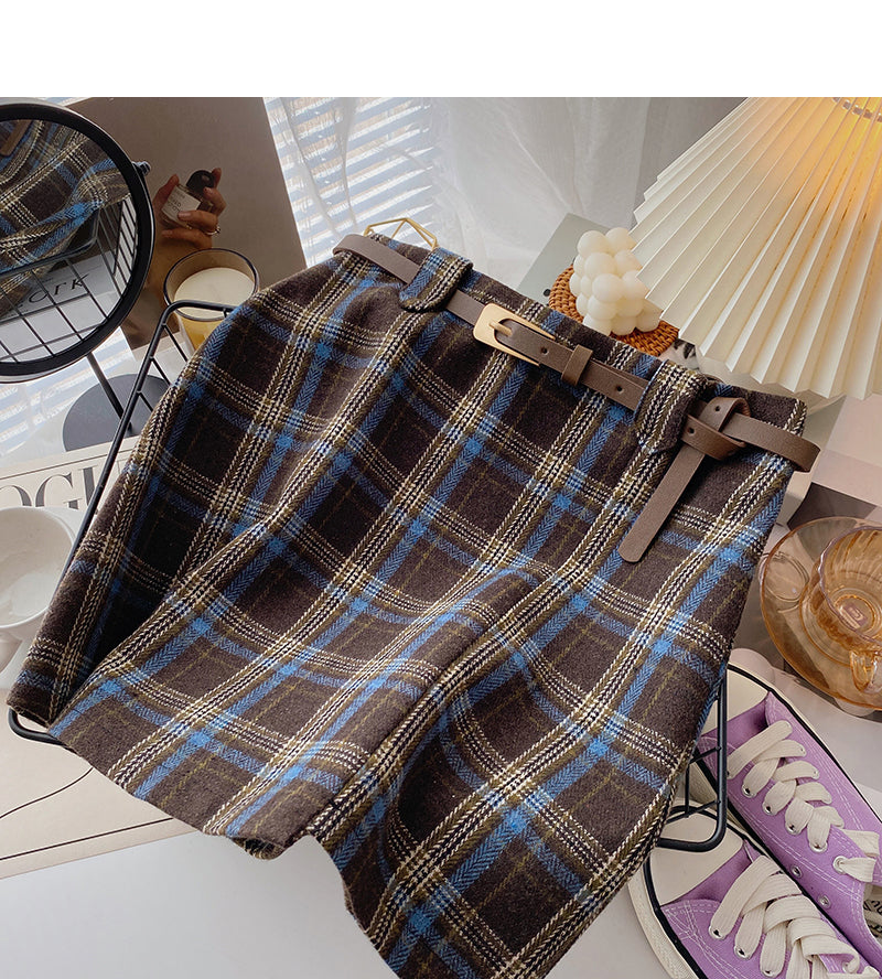 Versatile retro fashion checkered high waist A-line skirt 5596