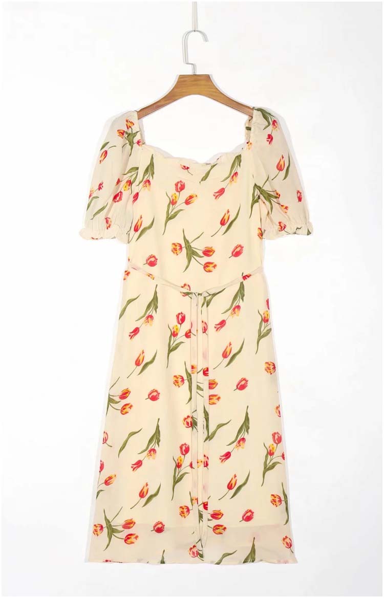 Vielseitiges knielanges, knielanges, französisches Kleid mit eckigem Ausschnitt, Taille und schmalem Blumenmuster 7138