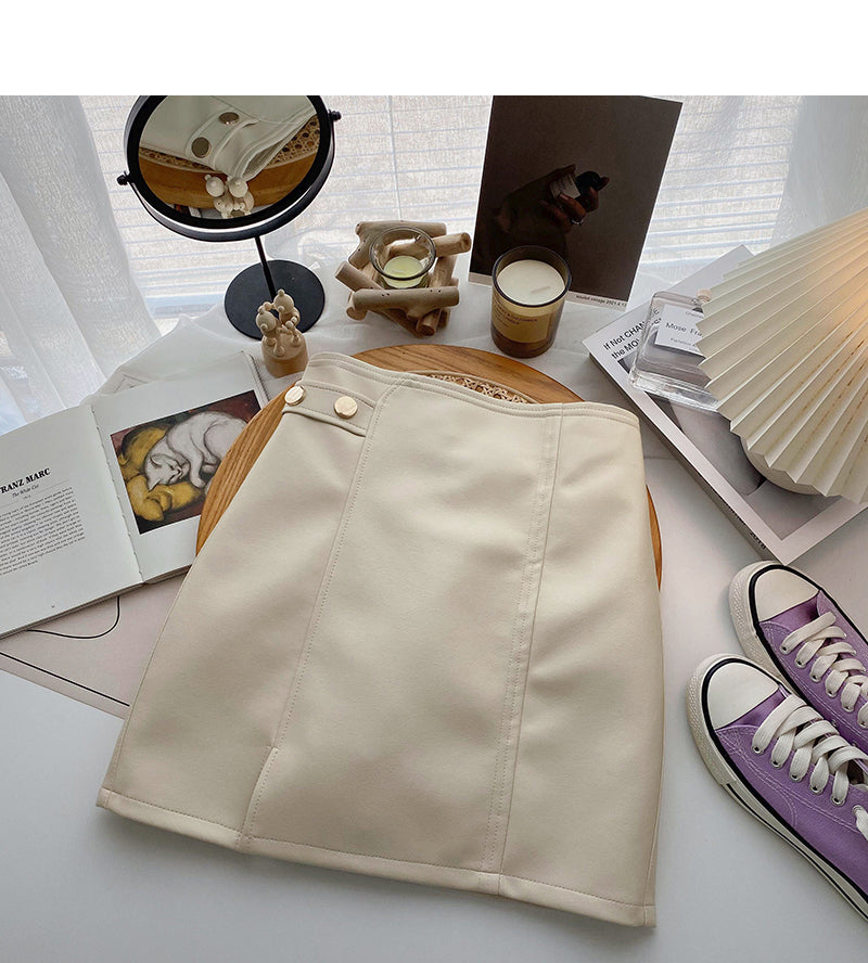 Korean solid color versatile fashion high waist PU leather bag hip skirt 5520