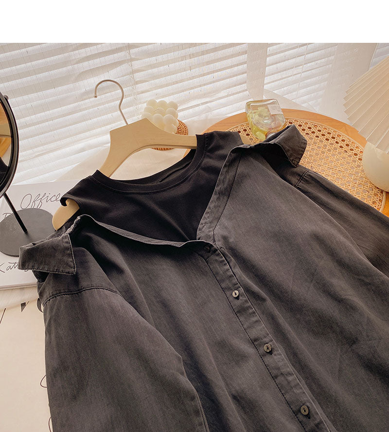 Chemise en jean délavé vintage pour femme, haut ample coréen 6288