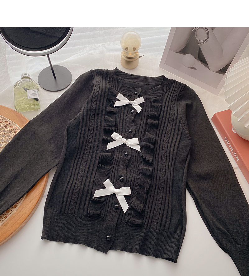 Cardigan tricoté vintage à col en T et nœud 6494