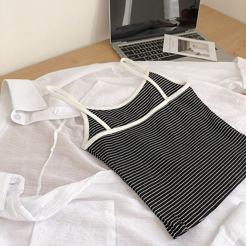 Striped slim fitting bottom sling + white loose shirt sunscreen two-piece set 6235