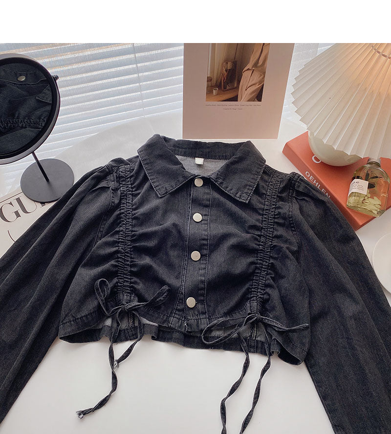 High waist short navel drawcord design long sleeve top 6264