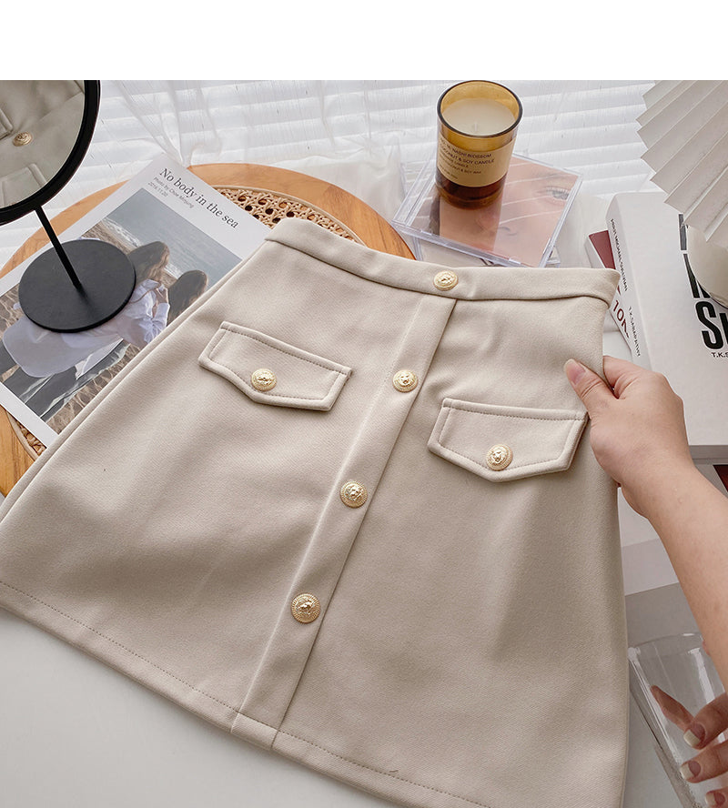 Design sense fashion retro single breasted A-shaped high waist skirt 5526