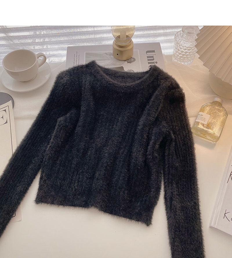 Korean slim fit versatile round neck long sleeve mink coat 5868