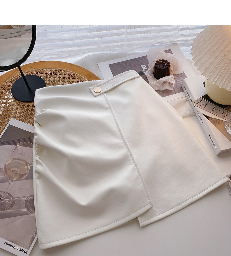 Korean wrinkled Hip Wrap irregular thin high waist A-shaped PU leather skirt 5591