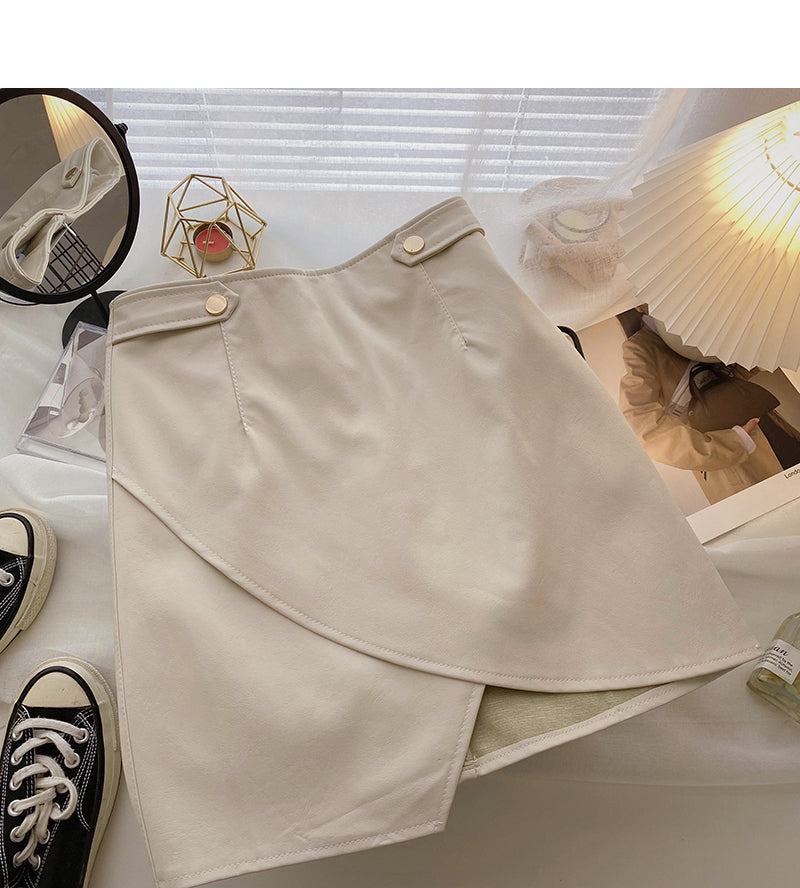 Irregular Hip Wrap thin high waist A-shaped small leather skirt 5541