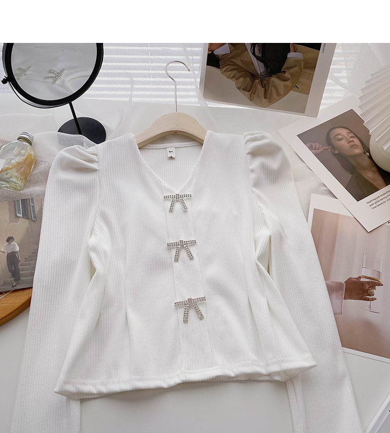 Bow Vintage V-Neck Sweater slim slim long sleeve top 6622