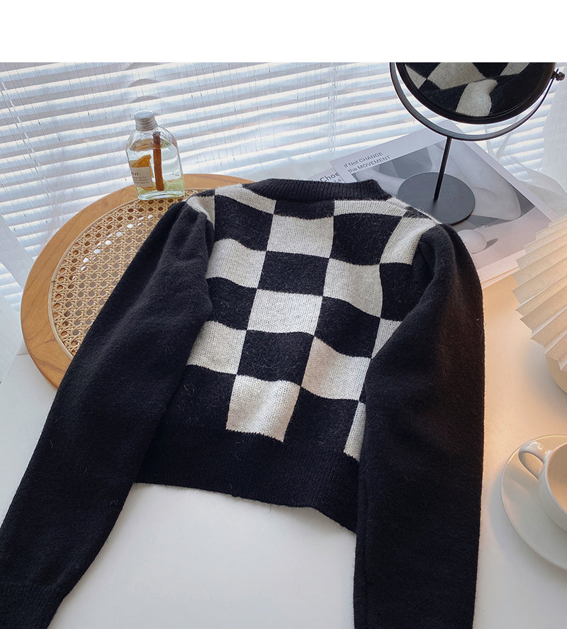 Hong Kong style retro chessboard plaid sweater 5925