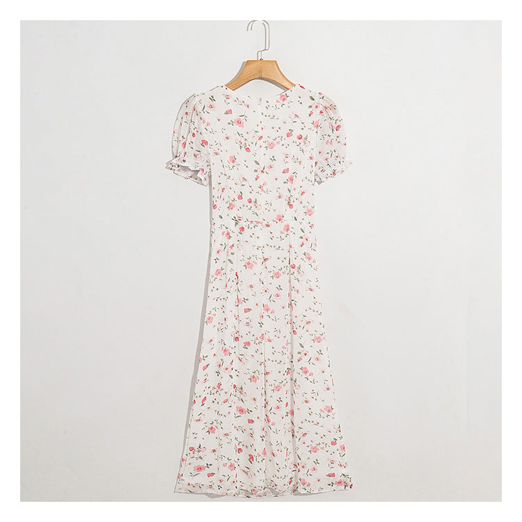 The new broken flower slim slim temperament high waist split fresh and gentle dress 7024