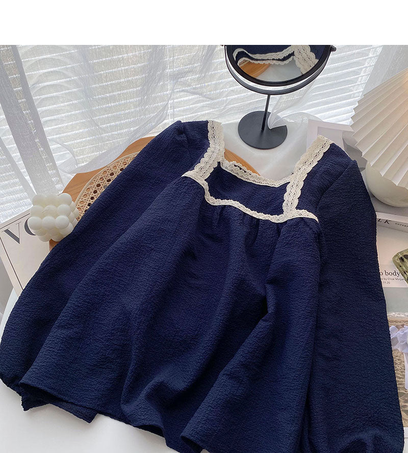 Design Sense Vintage Lace Edge dünnes Hemd mit eckigem Ausschnitt 6274