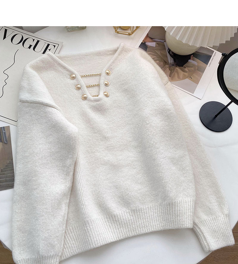 Pull-over personnalisé à manches longues et col en V en soie brillante au design de niche 6121