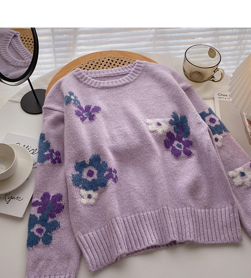 Sweet floret jacquard design loose long sleeve top 5898