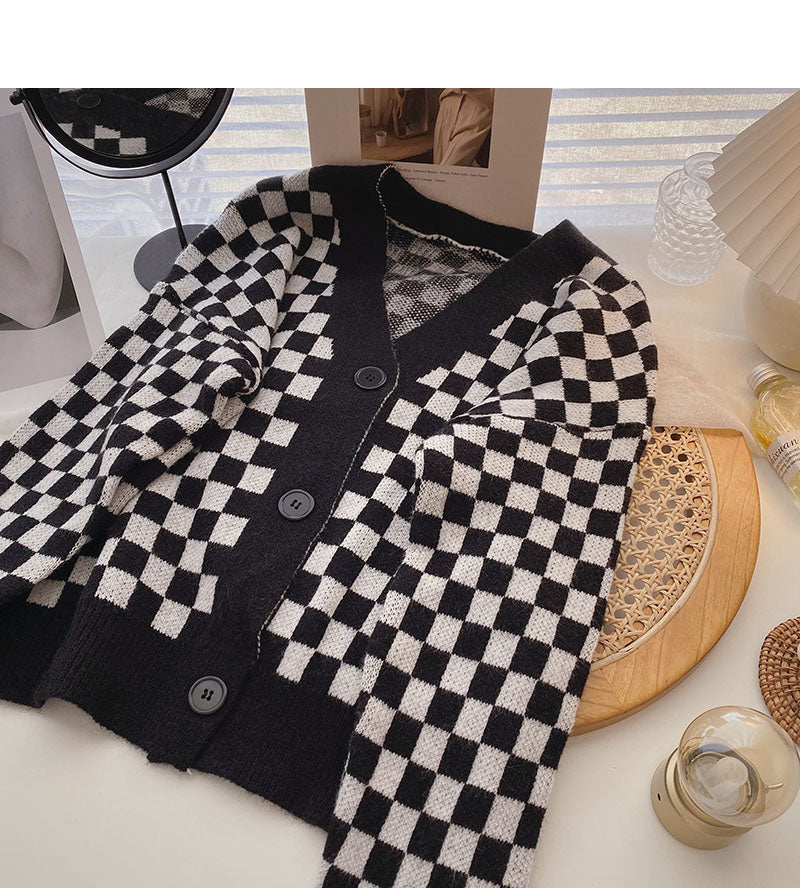 Niche design contrast checkerboard long sleeve top 5875