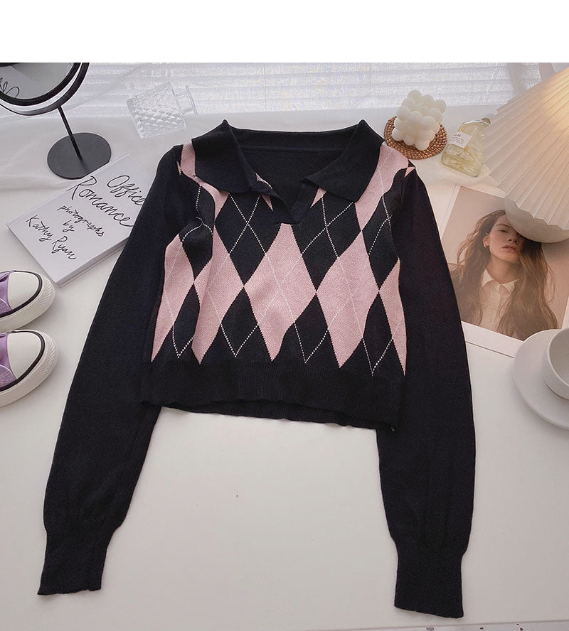 Aging net red plaid short long sleeve Pullover Top 6446