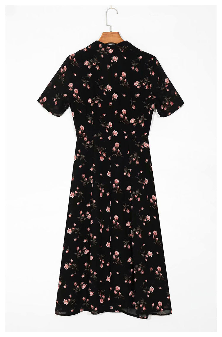 Vintage Lapel short sleeve slim waist floral print dress 7052