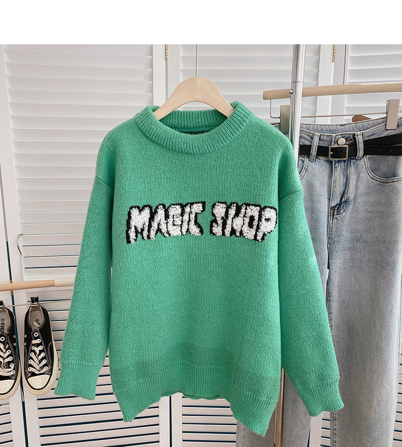 Lazy style personalized casual printing loose long sleeve top 6055