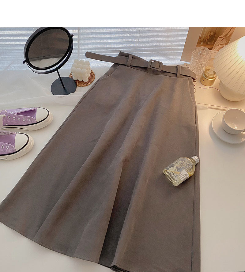 Design sense of minority foreign style high waist mid length skirt with belt 5727