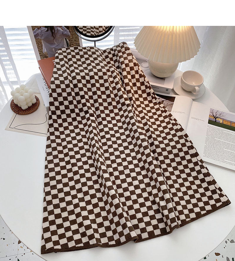 Retro fashion net red checkerboard high waist A-shaped skirt 5763