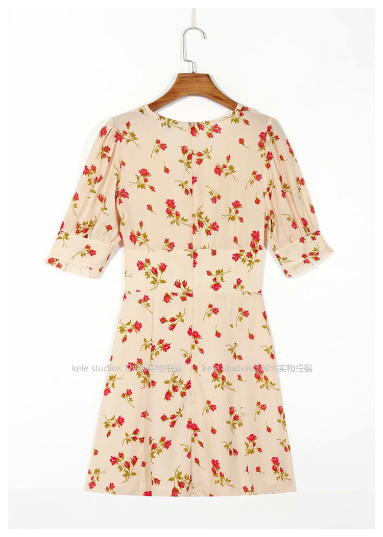 French minority V-neck retro fresh floral dress 7022