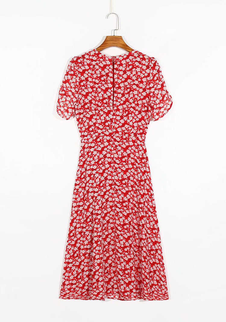 French gentle and elegant retro floral bubble sleeve dress 7065