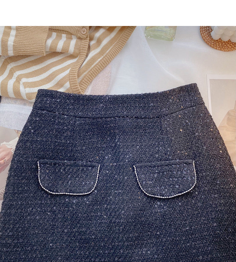 French retro Sequin slim High Waist Hip Wrap Skirt 5551