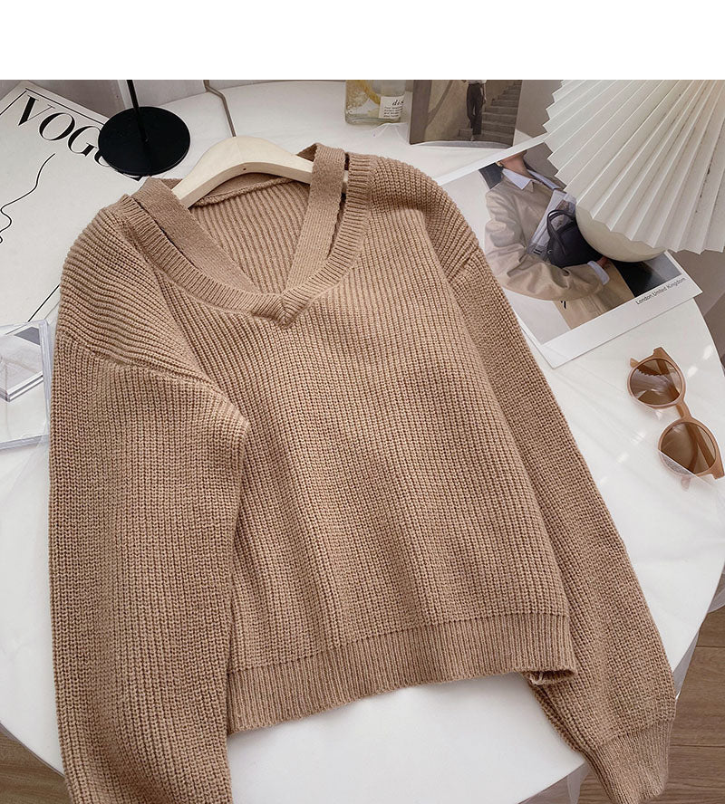 Design sense personalized V-neck hollowed out long sleeve thin loose top 6054